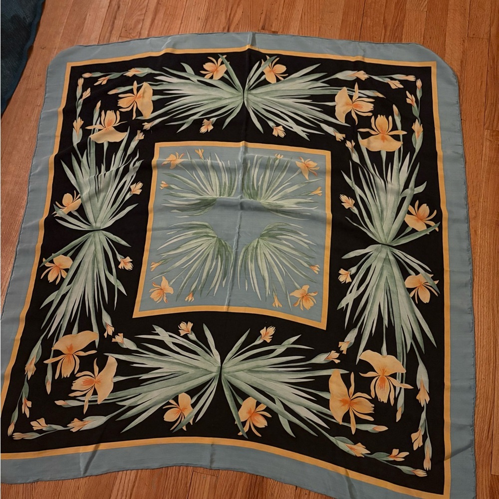 Vintage Black Floral Palm Print Scarf with Blue and Yellow Accents